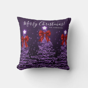 Festive Holiday Purple Christmas Trees Name Red  Throw Pillow