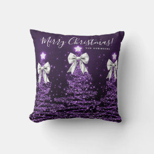 Festive Holiday Purple Christmas Trees Name Silver Throw Pillow
