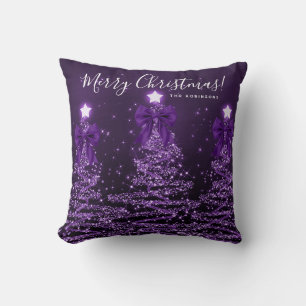 Festive Holiday Purple Christmas Trees Name  Throw Pillow