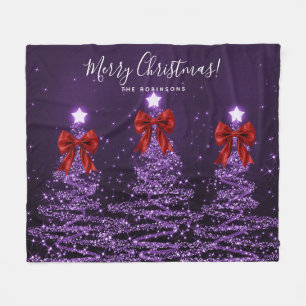 Festive Holiday Purple Christmas Trees Red Bows Fleece Blanket