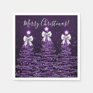 Festive Holiday Purple Christmas Trees Silver Bows Napkins