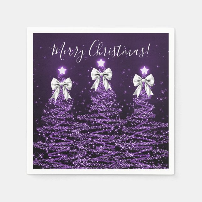 Festive Holiday Purple Christmas Trees Silver Bows Napkins (Front)