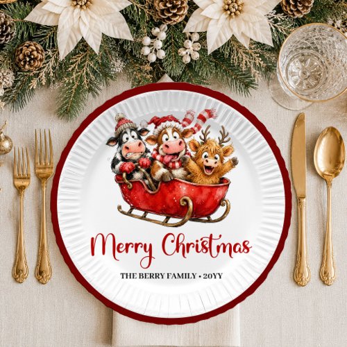 Festive Holiday quirky cow red green christmas pap Paper Plates