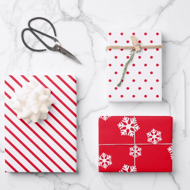 Festive Holiday Red and White Pattern Wrapping Paper Sheets (Front)