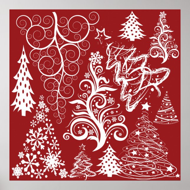 Festive Holiday Red Christmas Tree Xmas Pattern Poster (Front)