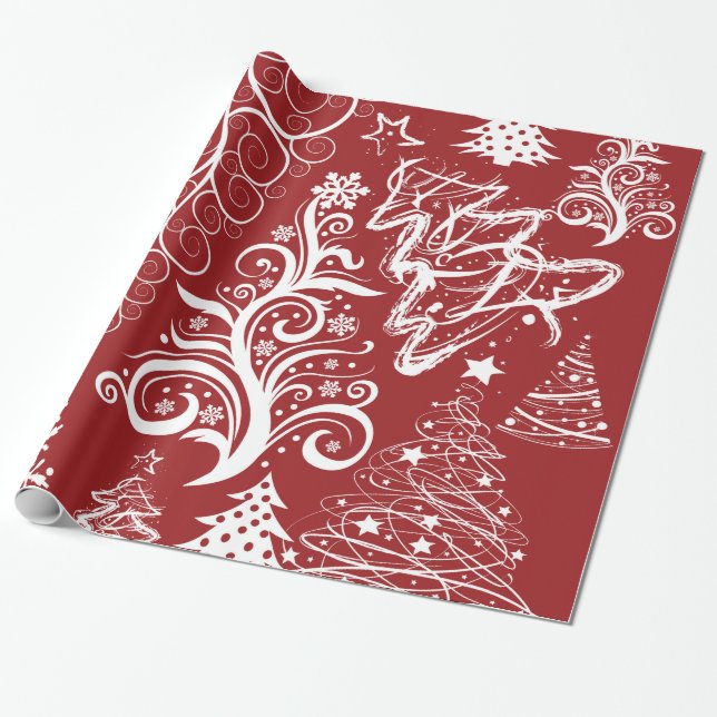 Festive Holiday Red Christmas Tree Xmas Pattern Wrapping Paper (Unrolled)