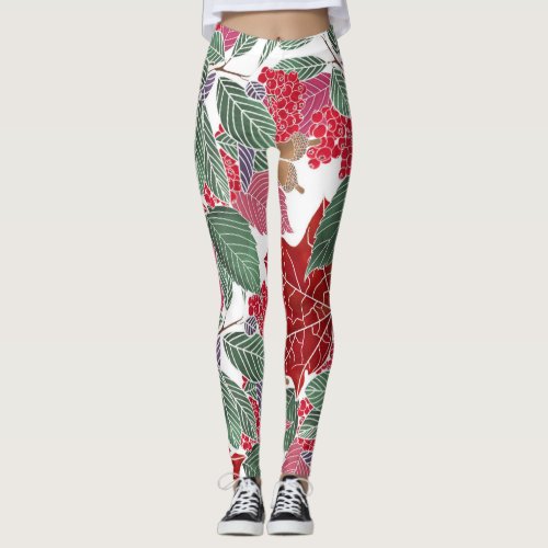 Festive Holiday Red Green Pink Autumn Holly Leaves Leggings