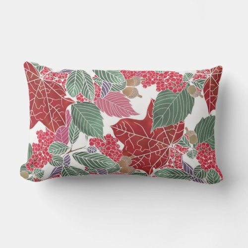 Festive Holiday Red Green Pink Autumn Holly Leaves Lumbar Pillow