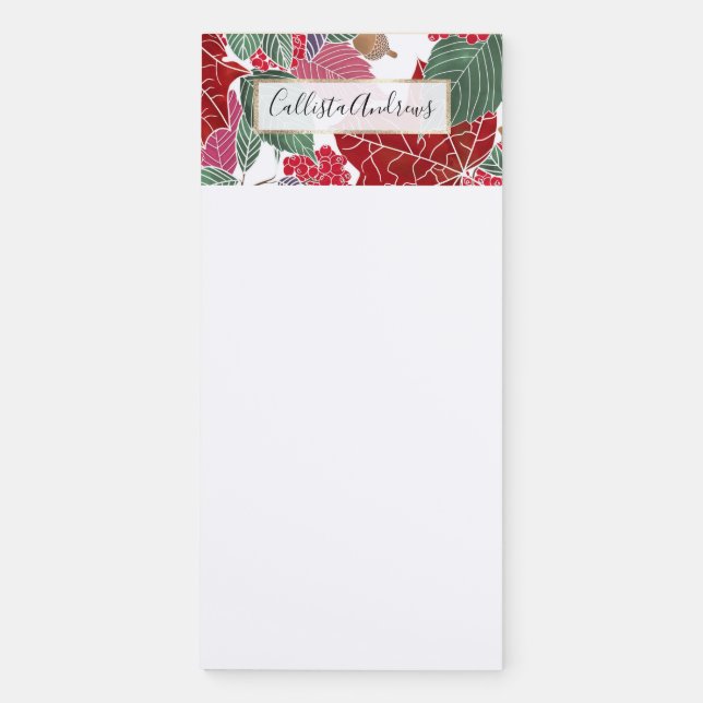 Festive Holiday Red Green Pink Autumn Holly Leaves Magnetic Notepad (Front)