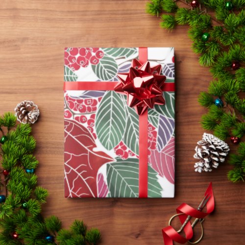 Festive Holiday Red Green Pink Autumn Holly Leaves Wrapping Paper