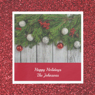 Festive Holiday Red Green Silver Luncheon Napkins