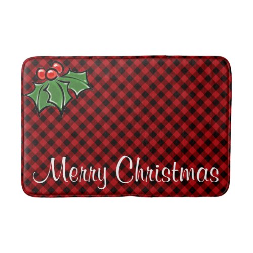 Festive holiday Red Plaid Holly berries leaves Bath Mat