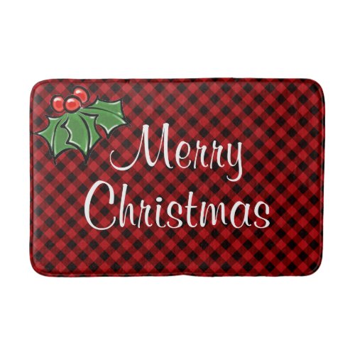 Festive holiday Red Plaid Holly berries leaves Bath Mat