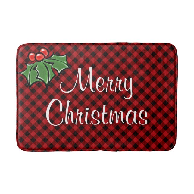 Festive holiday Red Plaid Holly berries leaves Bath Mat (Front)