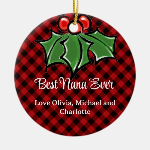 Festive holiday Red Plaid with Holly Sprigs Ceramic Ornament