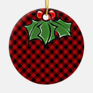 Festive holiday Red Plaid with Holly Sprigs Ceramic Ornament