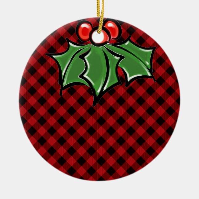 Festive holiday Red Plaid with Holly Sprigs Ceramic Ornament (Front)