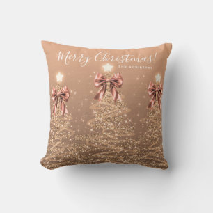 Festive Holiday Rose Gold Christmas Trees Name Throw Pillow