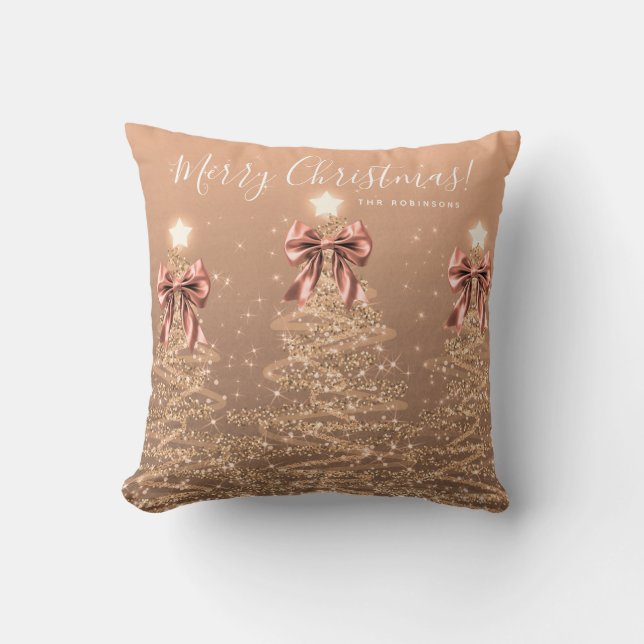 Festive Holiday Rose Gold Christmas Trees Name Throw Pillow (Front)