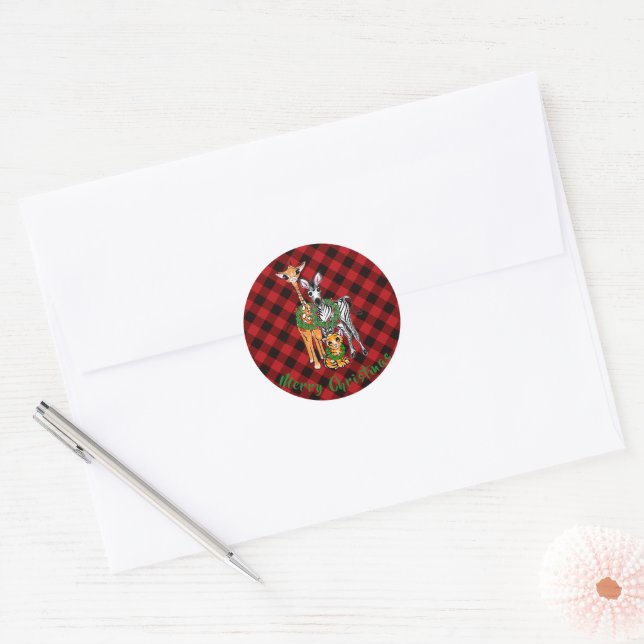 Festive Holiday safari friends, red black plaid    Classic Round Sticker (Envelope)