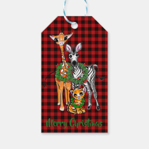 Festive Holiday safari friends, red black plaid Gift Tags