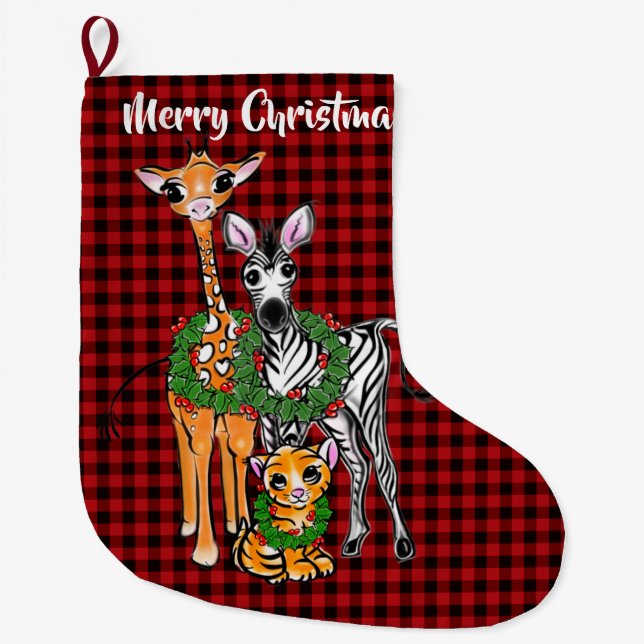 Festive Holiday safari friends, red black plaid  Large Christmas Stocking (Front)