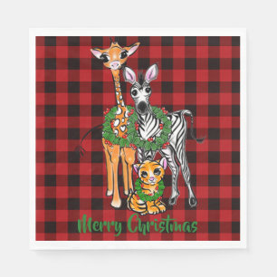 Festive Holiday safari friends, red black plaid Napkins