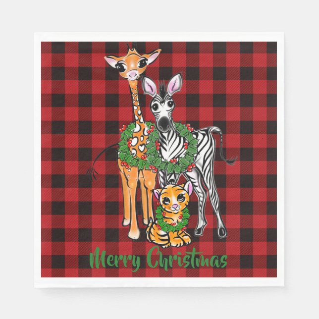 Festive Holiday safari friends, red black plaid    Napkins (Front)