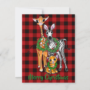 Festive Holiday safari friends, red black plaid Note Card