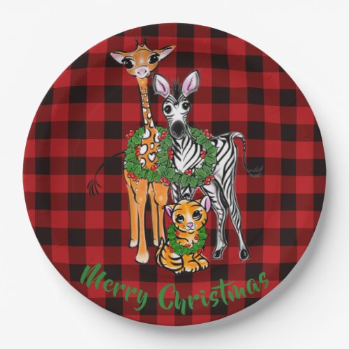 Festive Holiday safari friends red black plaid    Paper Plates