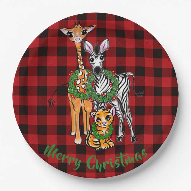 Festive Holiday safari friends, red black plaid    Paper Plates (Front)