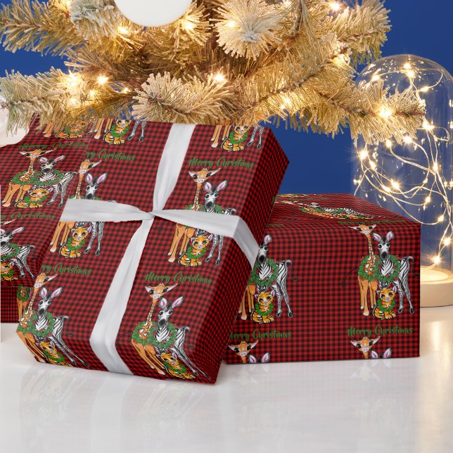 Festive Holiday safari friends, red black plaid   Wrapping Paper (Holidays)