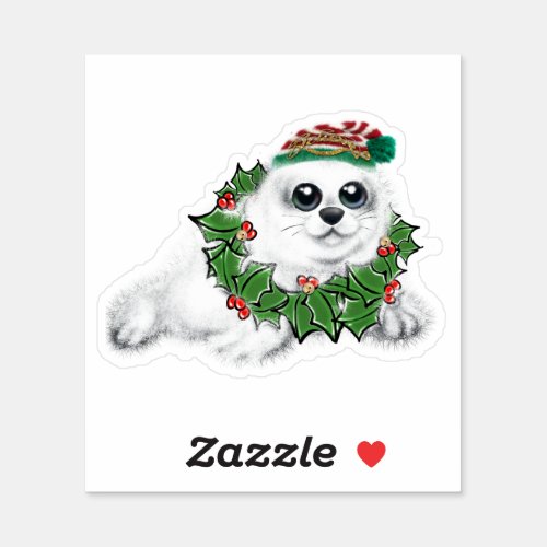 Festive holiday Seal pup  Xmas wreath  Sticker