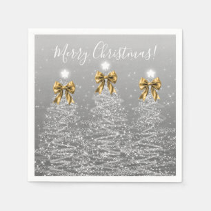 Festive Holiday Silver Christmas Trees Gold Bows Napkins
