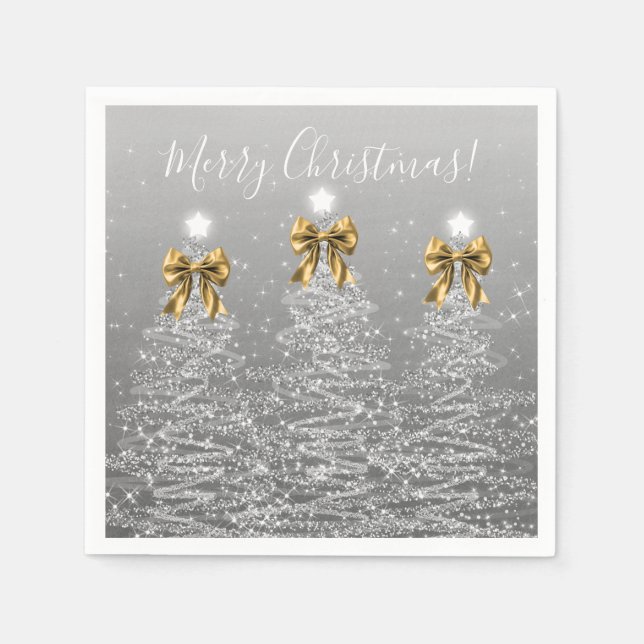 Festive Holiday Silver Christmas Trees Gold Bows Napkins (Front)