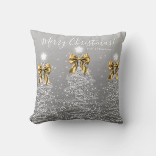 Festive Holiday Silver Christmas Trees Gold Name Throw Pillow