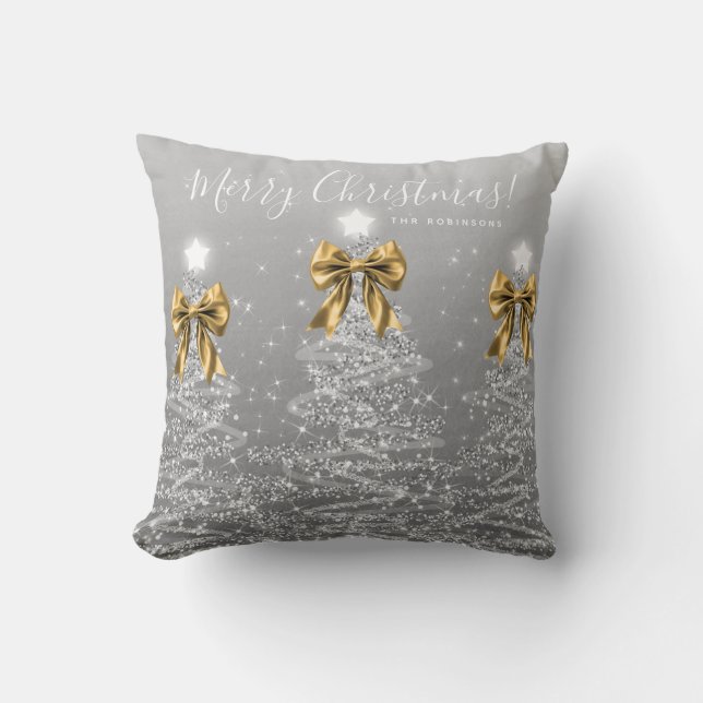 Festive Holiday Silver Christmas Trees Gold Name Throw Pillow (Front)