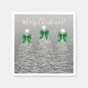 Festive Holiday Silver Christmas Trees Green Bows Napkins