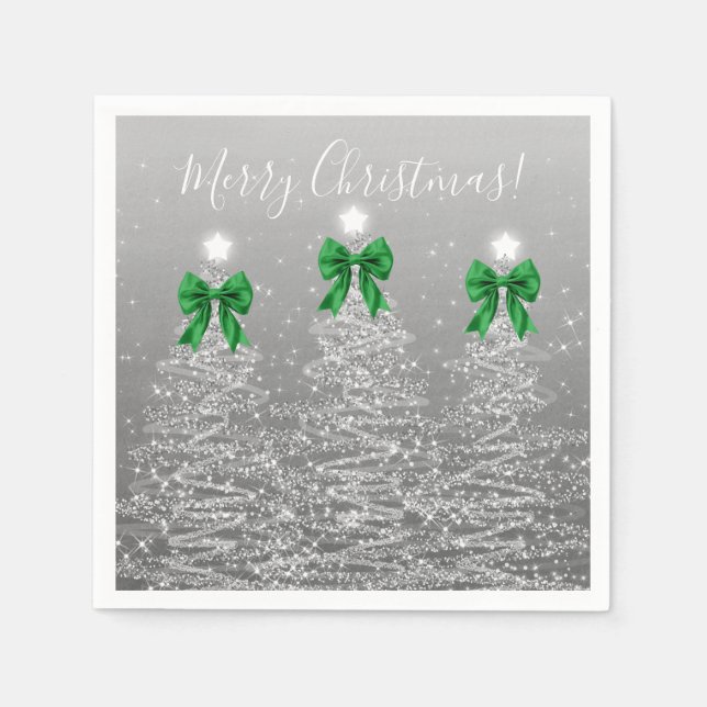 Festive Holiday Silver Christmas Trees Green Bows Napkins (Front)