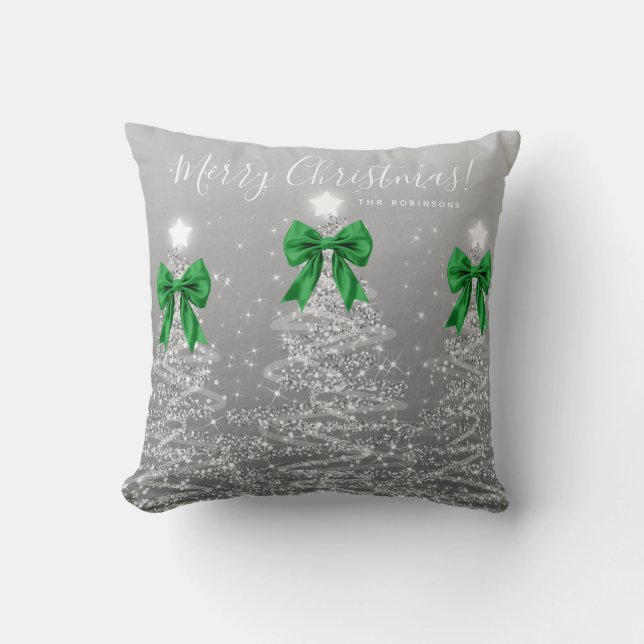 Festive Holiday Silver Christmas Trees Green Name Throw Pillow (Front)