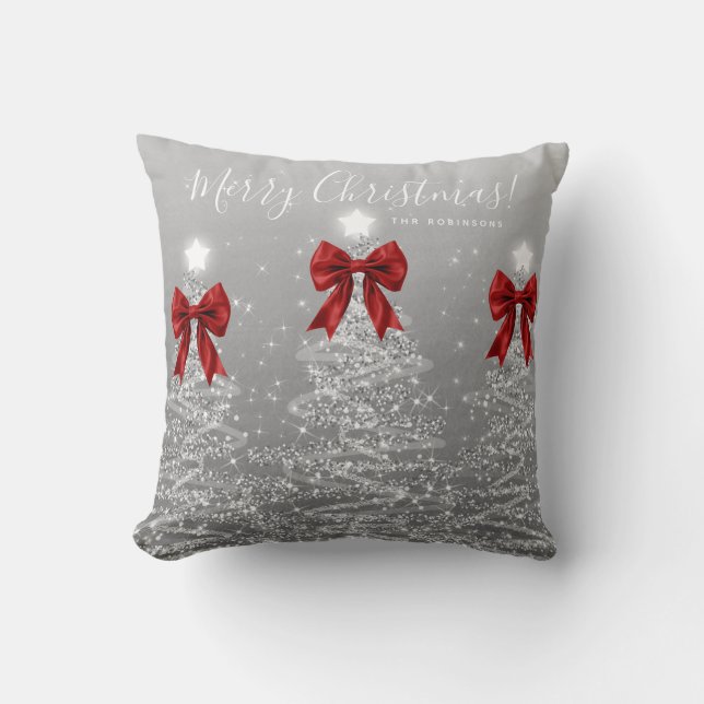 Festive Holiday Silver Christmas Trees Red Name Throw Pillow (Front)