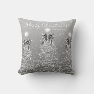 Festive Holiday Silver Christmas Trees w/ Name Throw Pillow