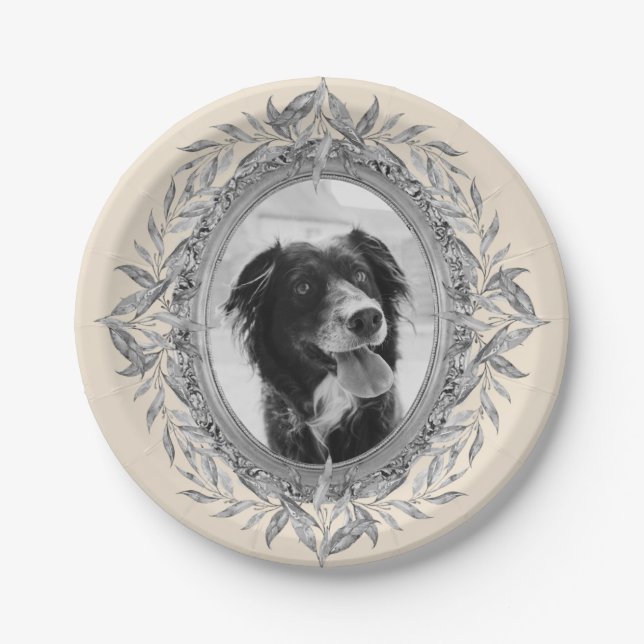 Festive Holiday Silver Frame Photo Paper Plates (Front)