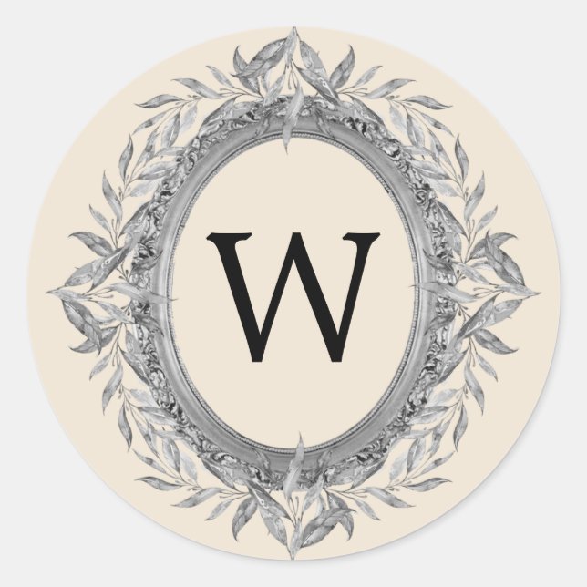 Festive Holiday Silver Gray Leaves Wreath Monogram Classic Round Sticker (Front)