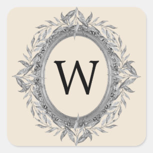 Festive Holiday Silver Gray Leaves Wreath Monogram Square Sticker