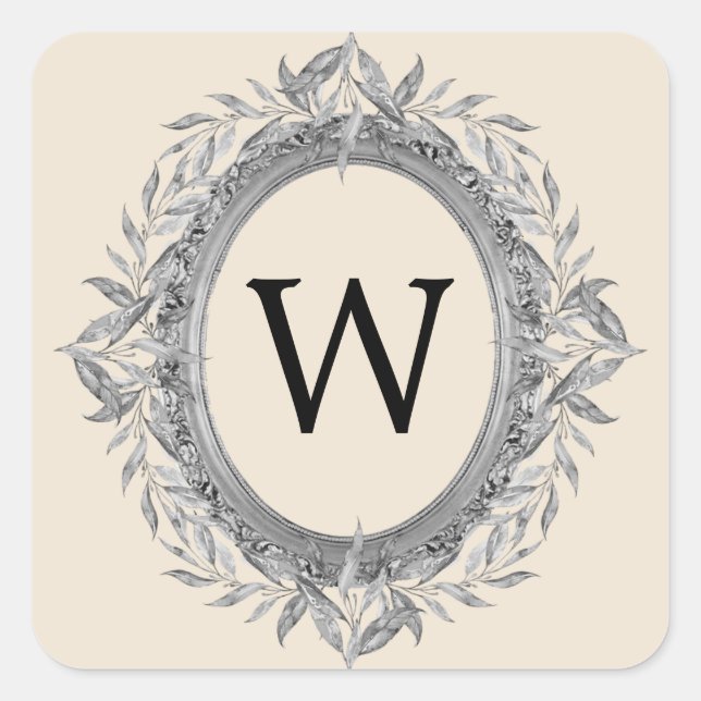 Festive Holiday Silver Gray Leaves Wreath Monogram Square Sticker (Front)