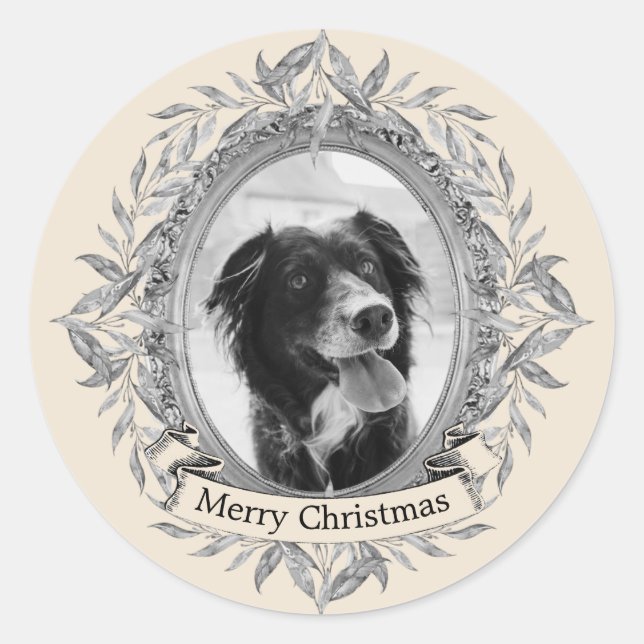 Festive Holiday Silver Gray Leaves Wreath Photo Classic Round Sticker (Front)