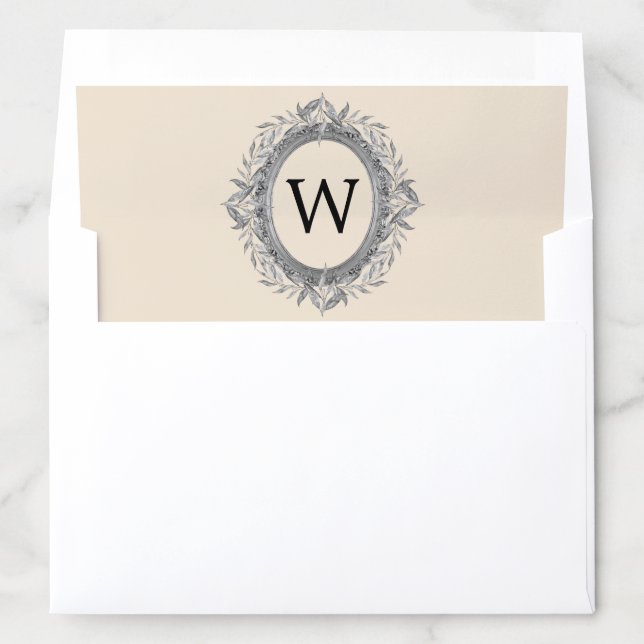 Festive Holiday Silver Leaves Wreath Monogram Envelope Liner (In Envelope)