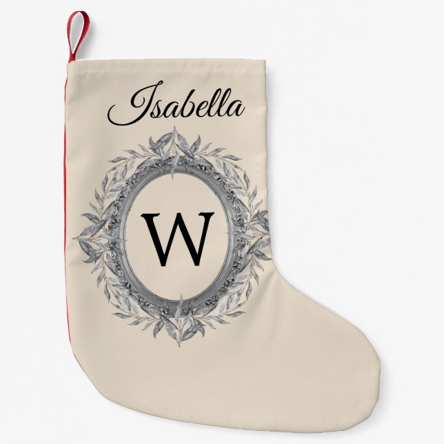 Festive Holiday Silvery Leaves Wreath Monogram Small Christmas Stocking (Front)