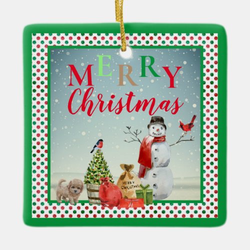 Festive Holiday Winter Snowman Scene Ceramic Ornament